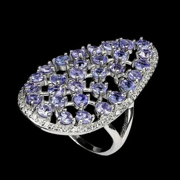 Unheated Round Blue Tanzanite 3mm & Cz 925 Sterling Silver Ring Size 6.75 - Picture 1 of 3